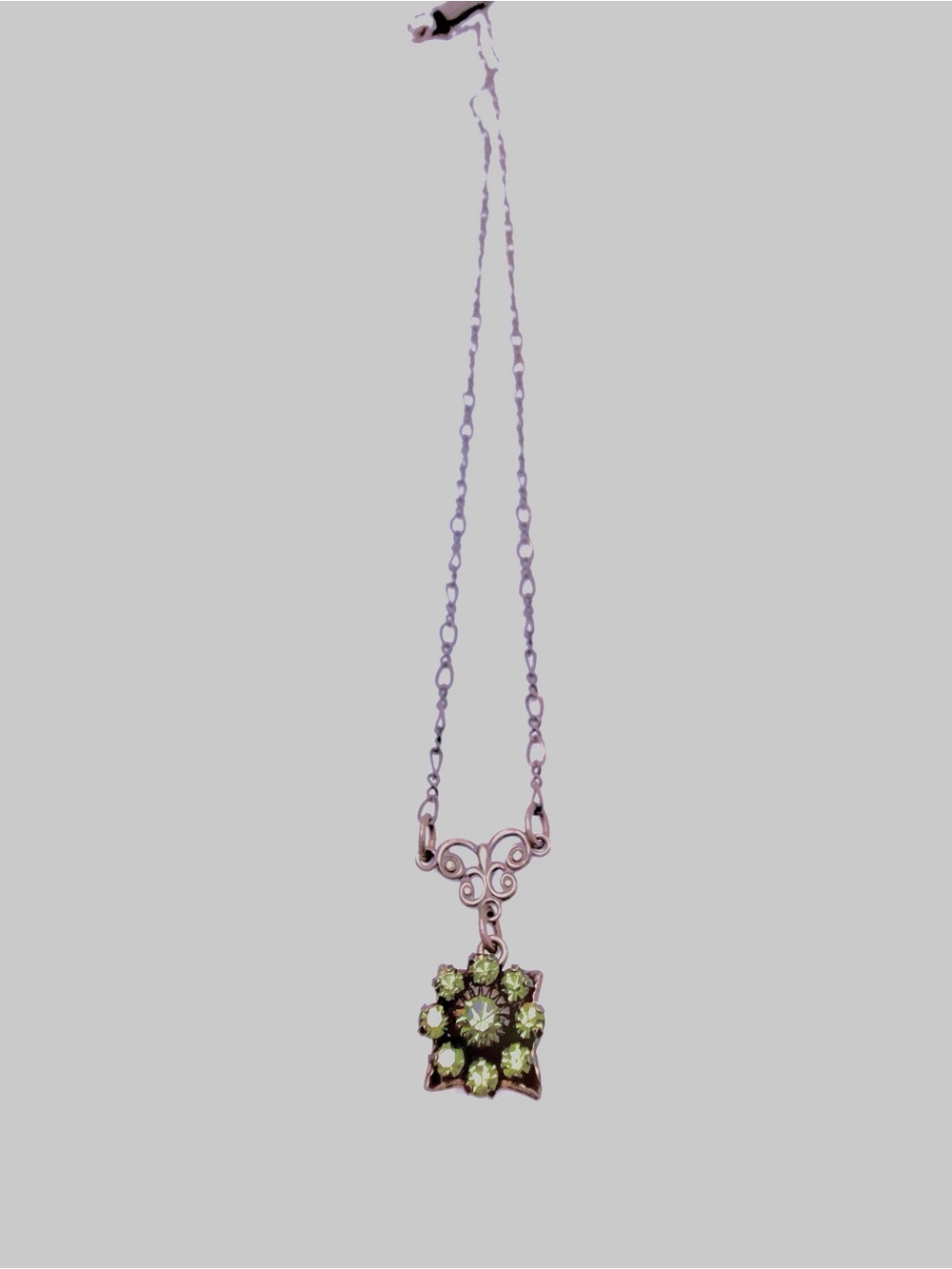 VTG Antique Style Brass Olive Green Rhinestone Flower Pendant Necklace 1950’s